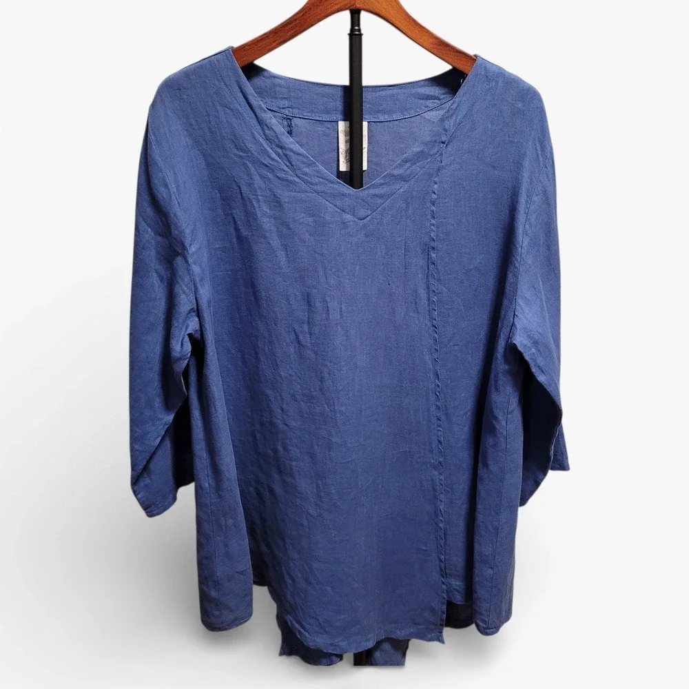 Asymmetrical Flyaway Heavy‎ Linen Tunic M Blue Split Overlap Lagenlook Coastal